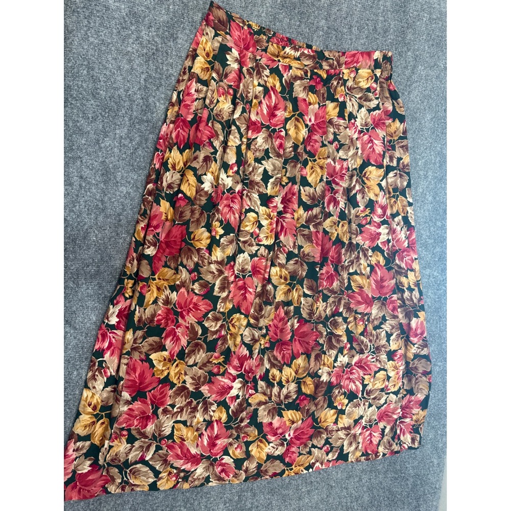 Southern Lady Vintage Floral Leaf Print Midi Skirt Red Gold Green Large USA Made